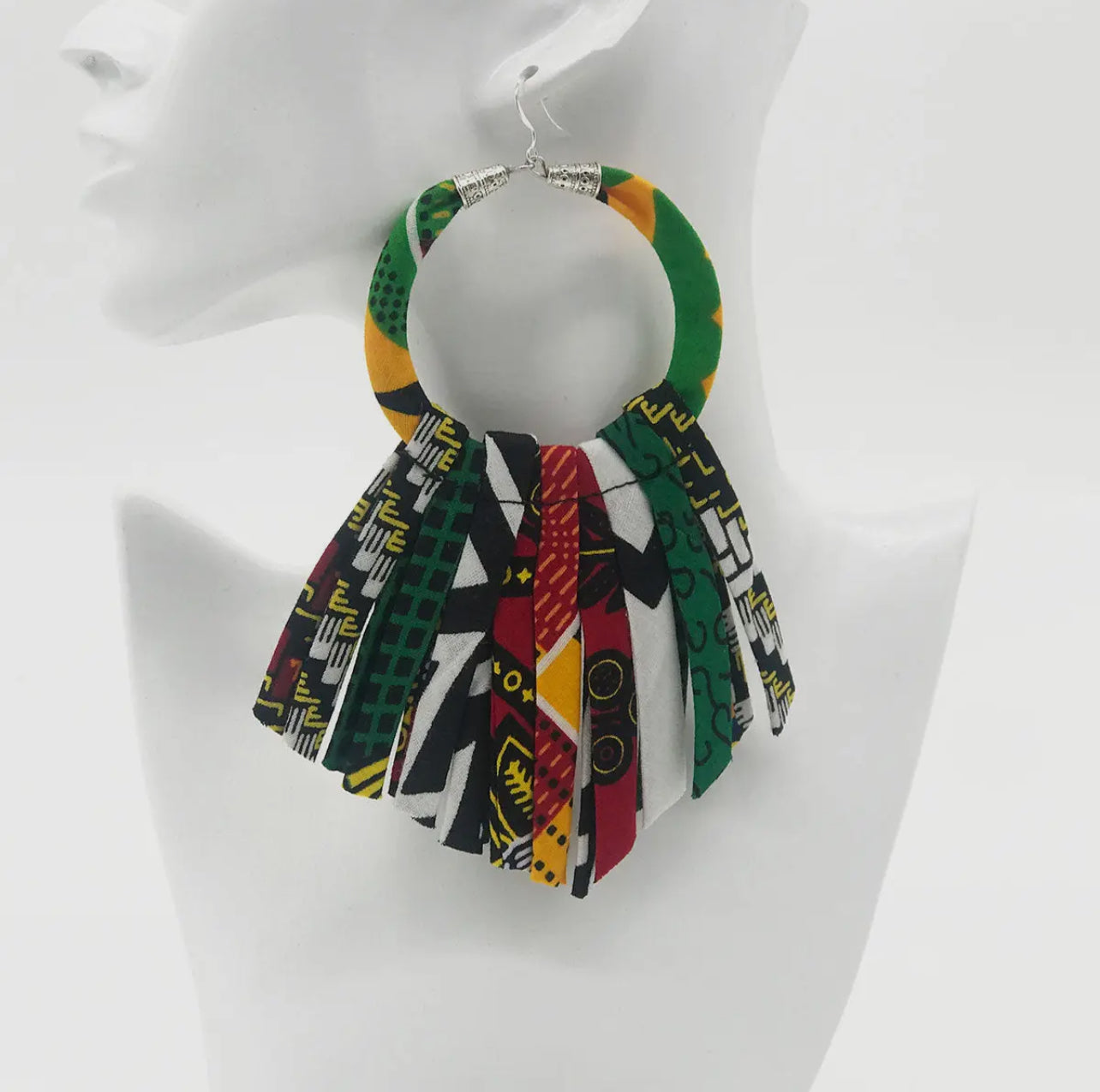 Earrings-Ankara Emerald Green African Tassels