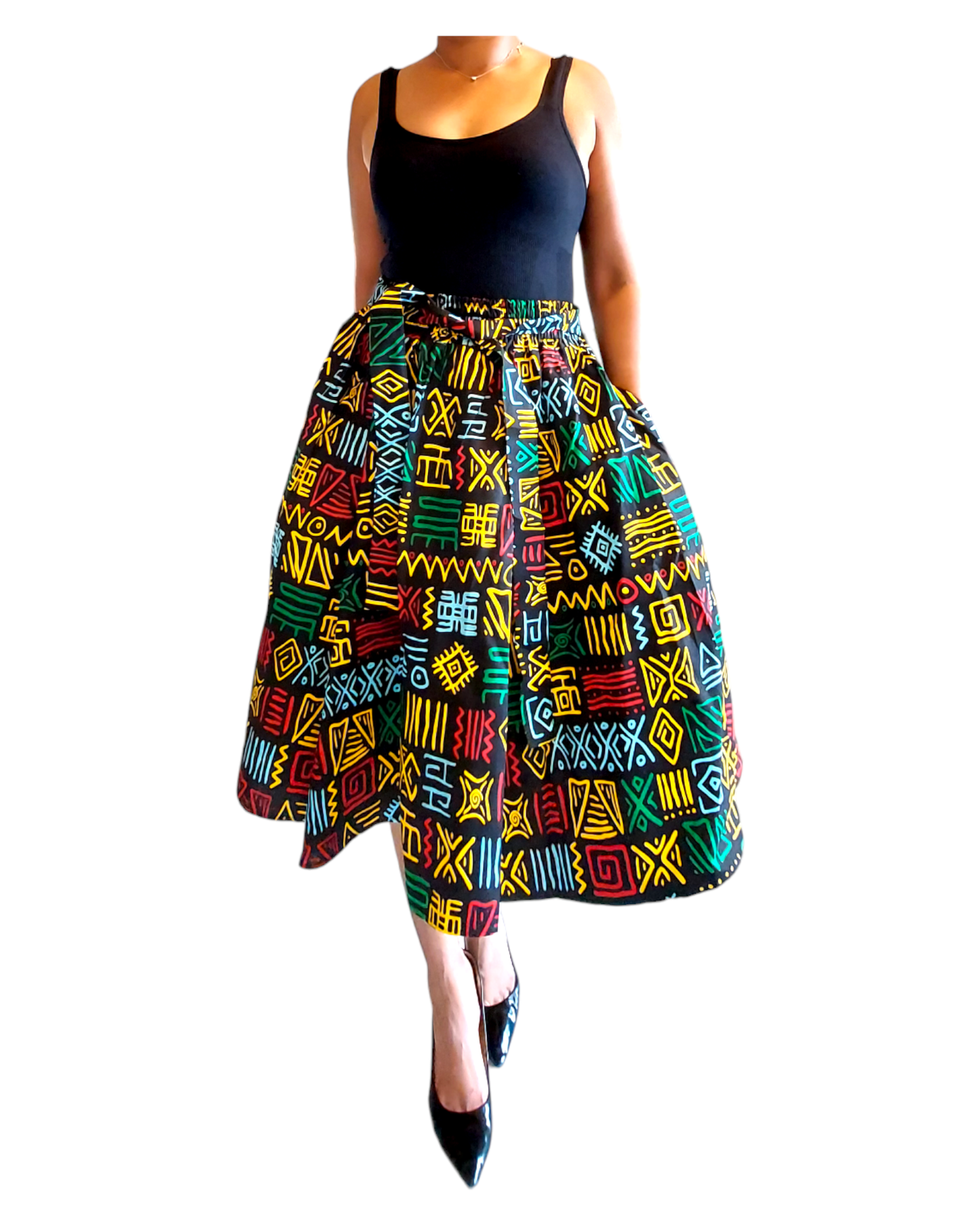 Skirt-African Mid Length Flared / Rasta Tribal